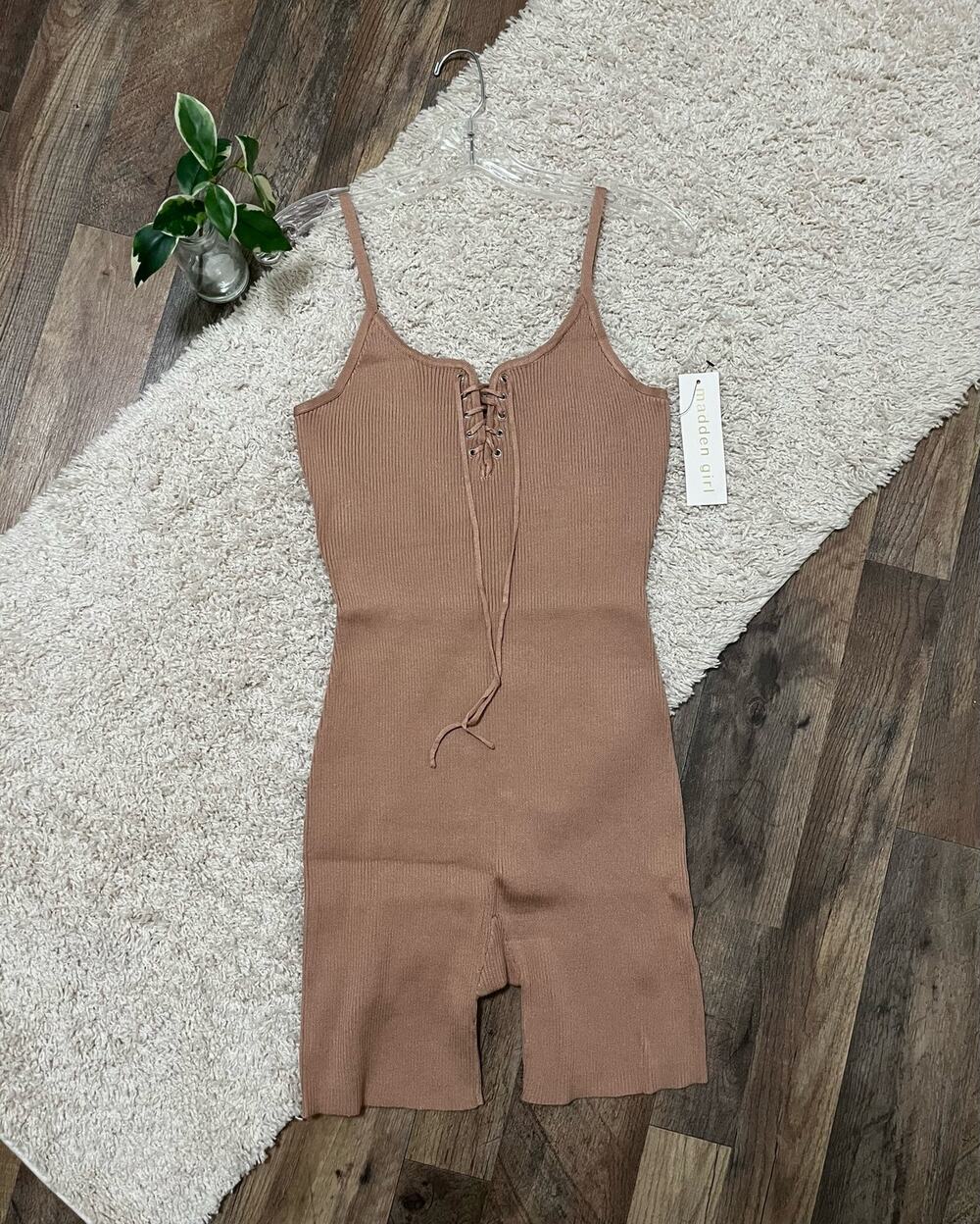 Madden Girl Steve Madden XL Beige Scoop Neck Lace-Up Ribbed Bodycon Romper NWT